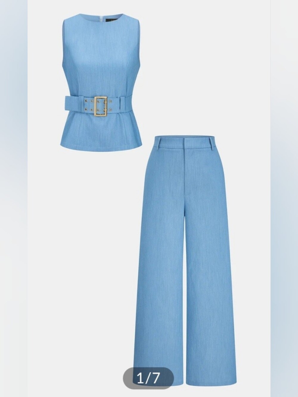 Commense Light Blue Sleeveless Top with Belt & Wide-Leg Pants